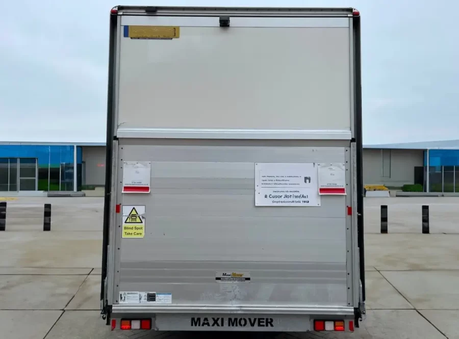 the back of a Peugeot Boxer Low Loader with a sign on it.