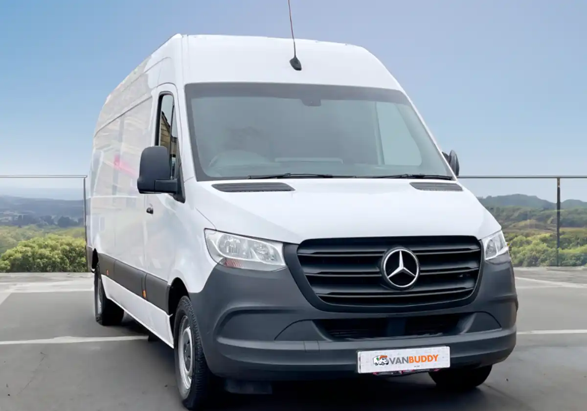 a white Mercedes Sprinter parked in a parking lot.